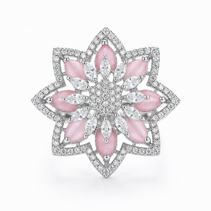 Silver Plated Pink AD Floral Finger Ring for Women