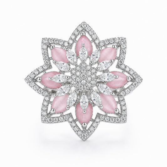 Silver Plated Pink AD Floral Finger Ring for Women