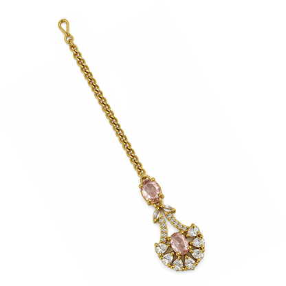 South Indian Gold Plated Pink AD Maang Tikka for Women