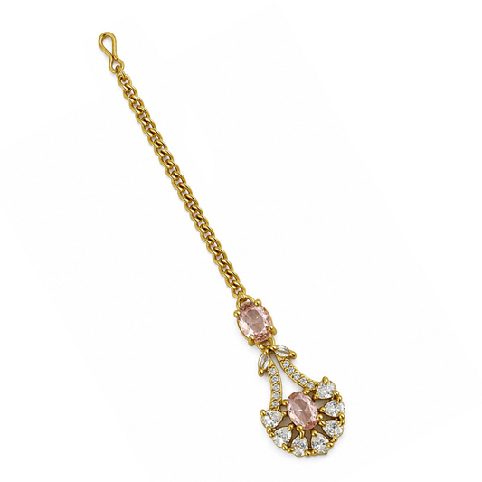 South Indian Gold Plated Pink AD Maang Tikka for Women