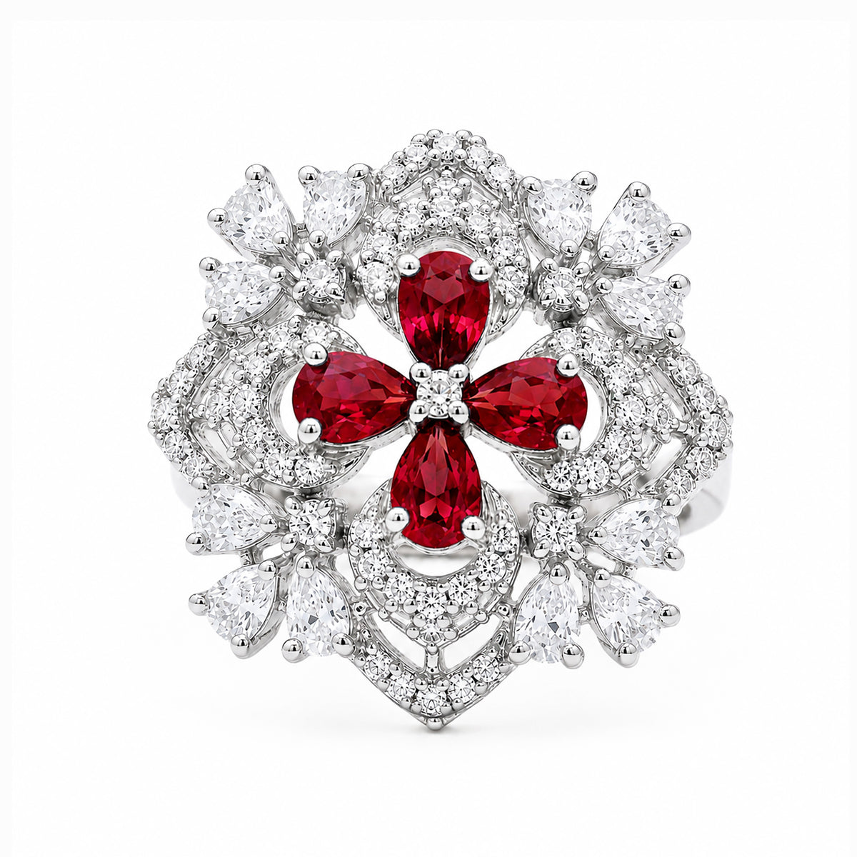 Rhodium Plated Red AD Floral Finger Ring for Women