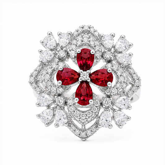 Rhodium Plated Red AD Floral Finger Ring for Women