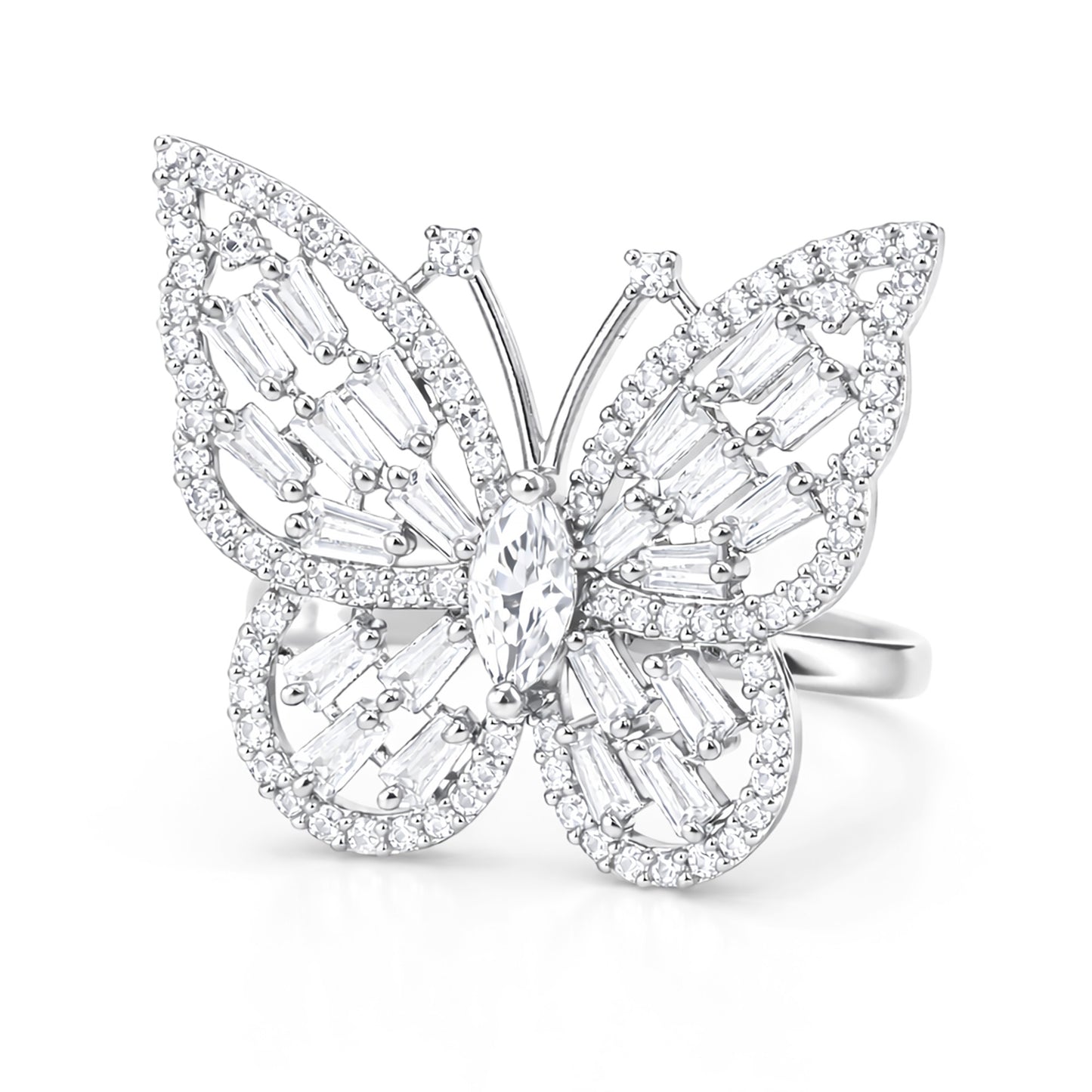 Silver Plated AD Butterfly Adjustable Finger Ring for Women