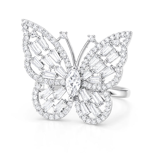 Silver Plated AD Butterfly Adjustable Finger Ring for Women
