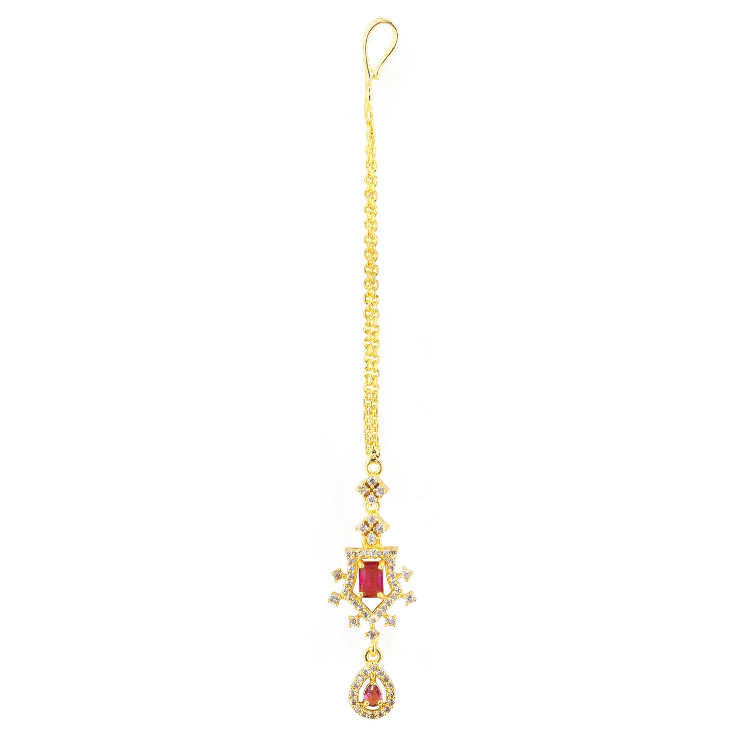 Gold Plated Red Drop AD Maang Tikka for Women