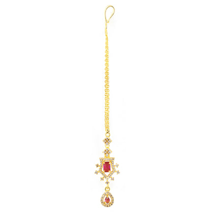 Gold Plated Red Drop AD Maang Tikka for Women