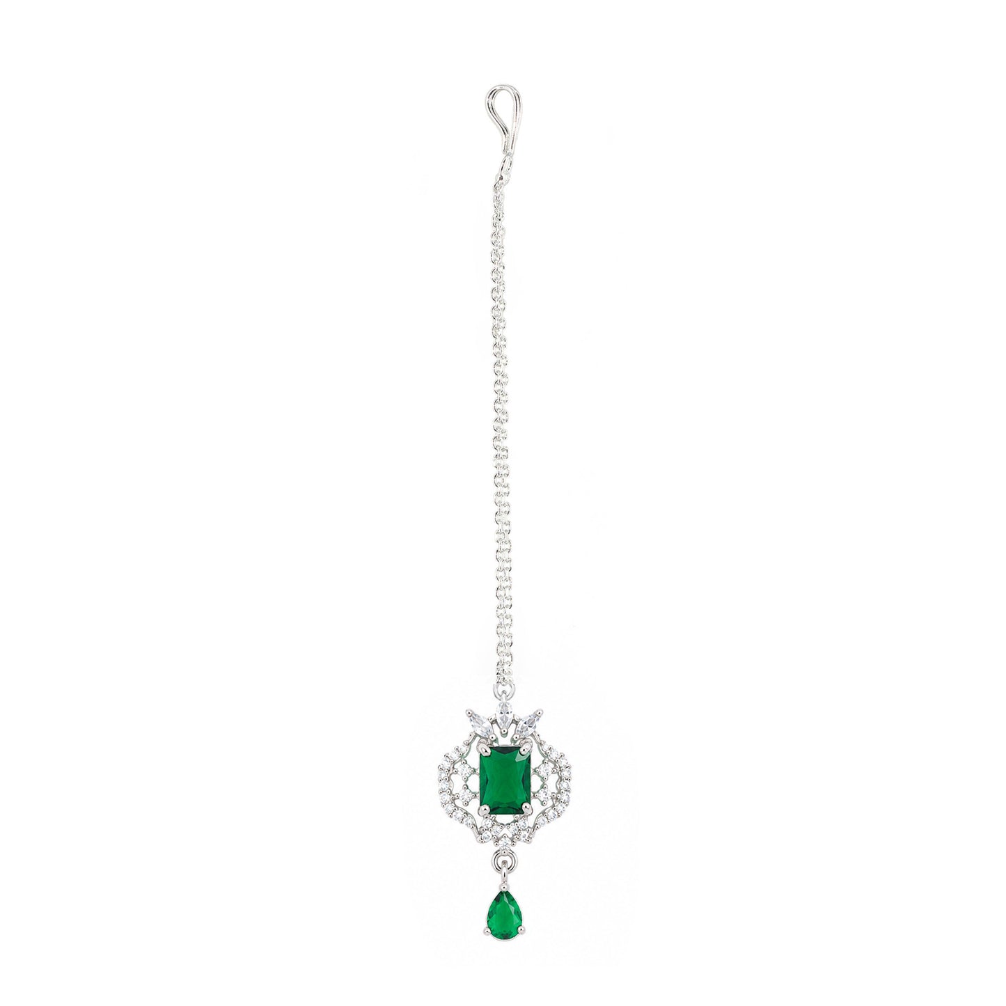 Silver Plated Green AD Maang Tikka for Women