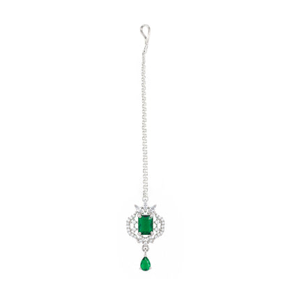 Silver Plated Green AD Maang Tikka for Women