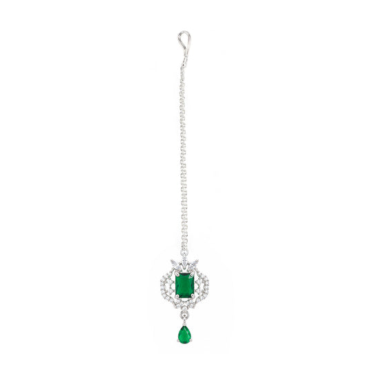 Silver Plated Green AD Maang Tikka for Women