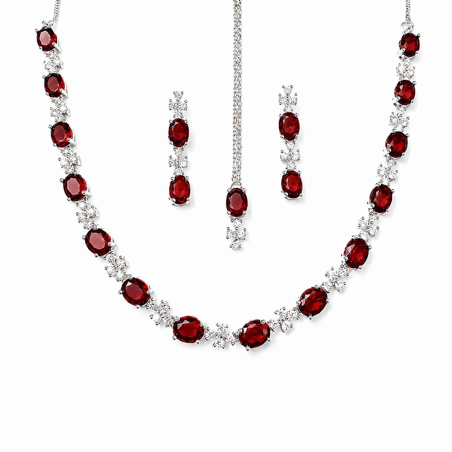 Silver Plated Red AD Jewellery Set for Women