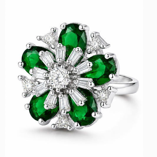 Rhodium Plated Green AD Floral Finger Ring for Women