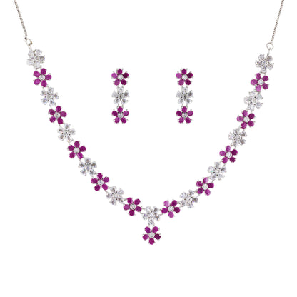 Rhodium Plated Ruby American Diamond Studded Floral Jewellery Set