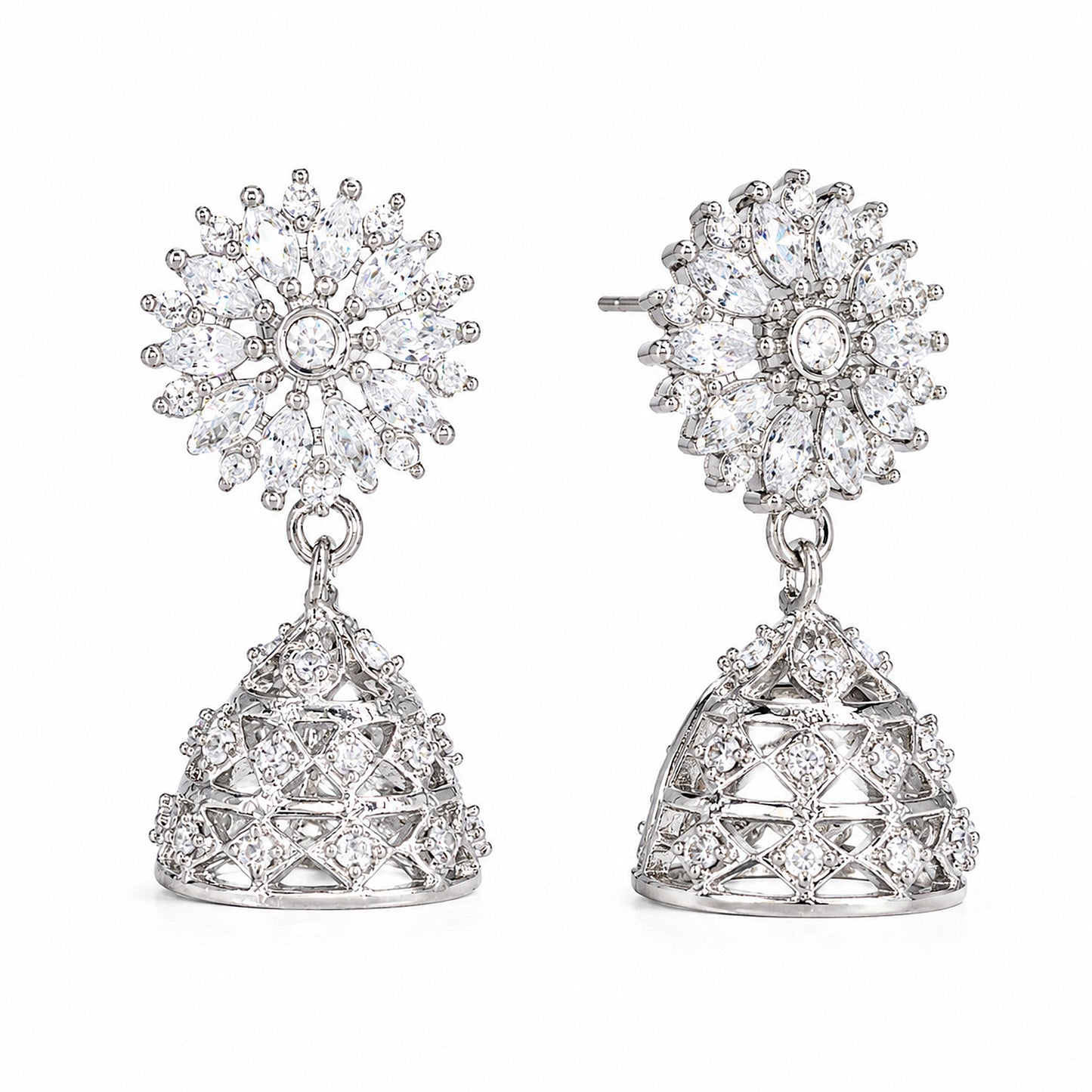 Silver Plated American Diamond Floral Jhumka Earrings for Women