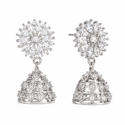 Silver Plated American Diamond Floral Jhumka Earrings for Women