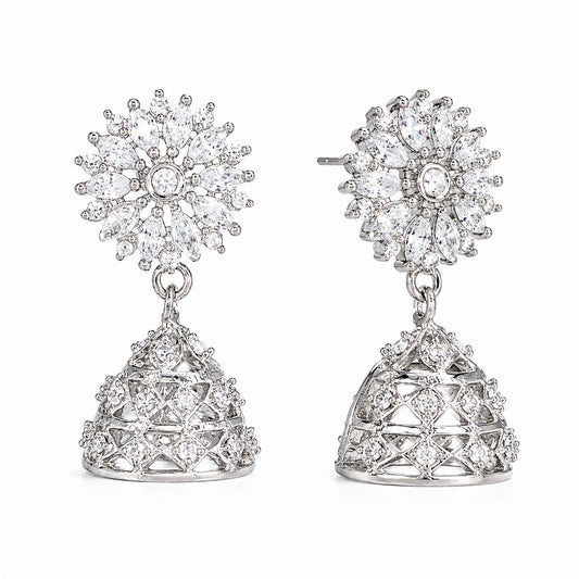 Silver Plated American Diamond Floral Jhumka Earrings for Women