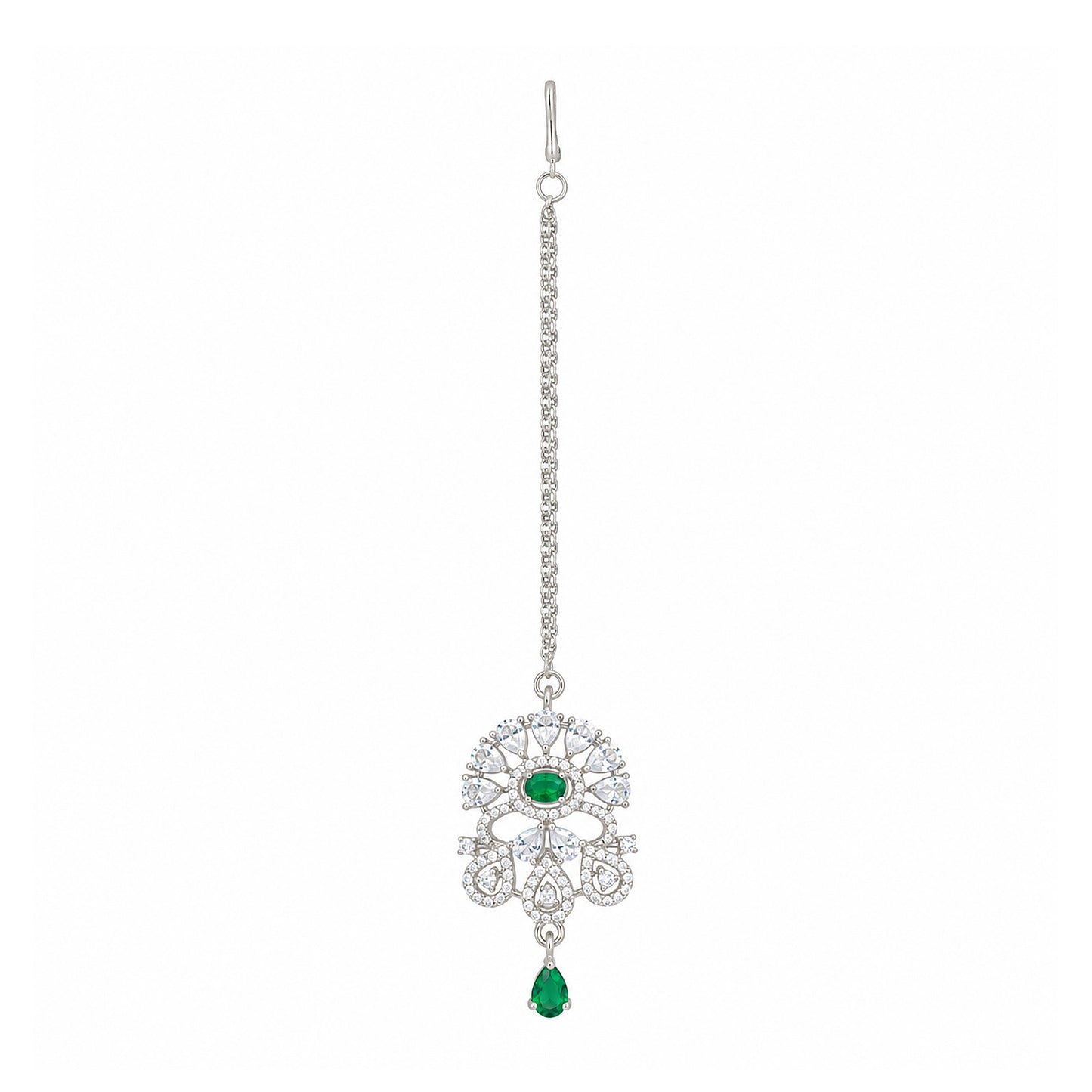 Silver Plated Green AD Maang Tikka for Women