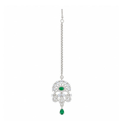 Silver Plated Green AD Maang Tikka for Women