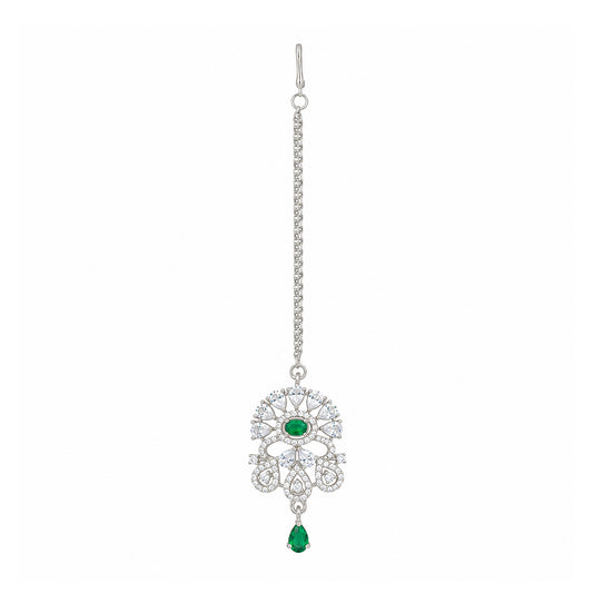 Silver Plated Green AD Maang Tikka for Women