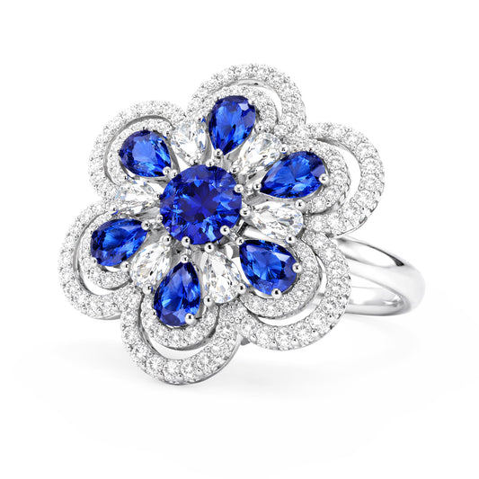 Silver Plated Blue Floral Finger Ring for Women