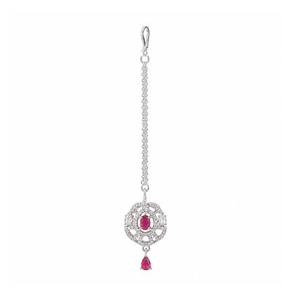 Silver Plated Pink AD Maang Tikka for Women