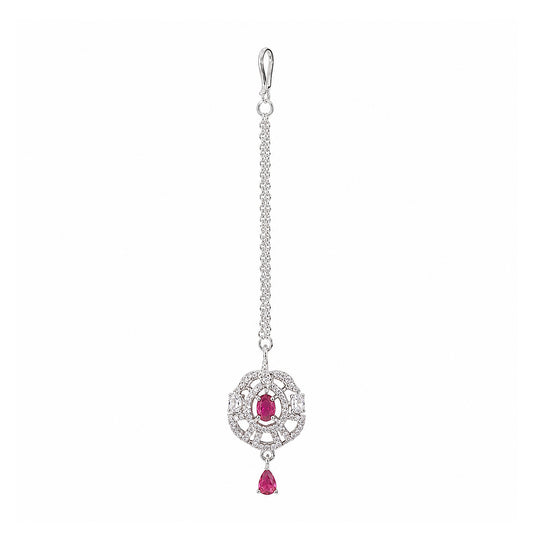 Silver Plated Pink AD Maang Tikka for Women