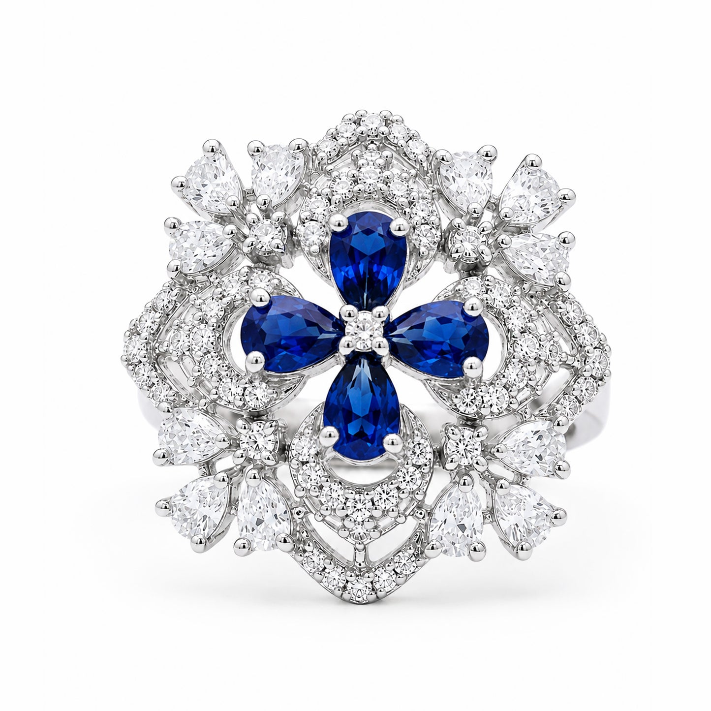Rhodium Plated Blue AD Floral Finger Ring for Women