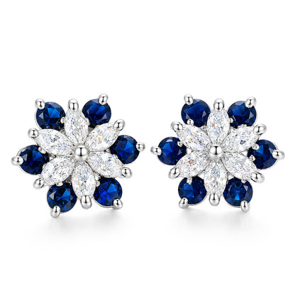 Silver Plated Blue Floral Stud Earrings for Women