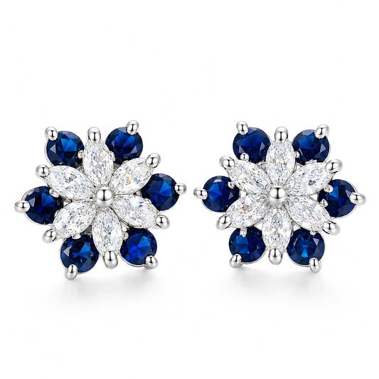 Silver Plated Blue Floral Stud Earrings for Women