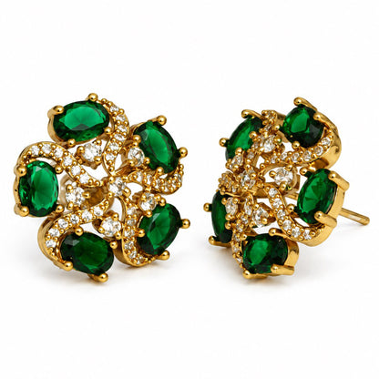 South Indian Gold Plated Green AD Floral Stud Earrings for Women