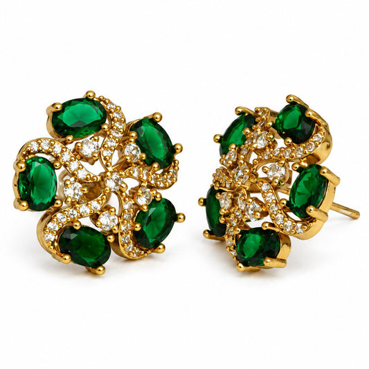 South Indian Gold Plated Green AD Floral Stud Earrings for Women