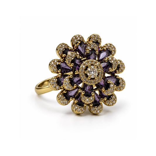 Antique Gold Plated Purple AD Floral Finger Ring for Women