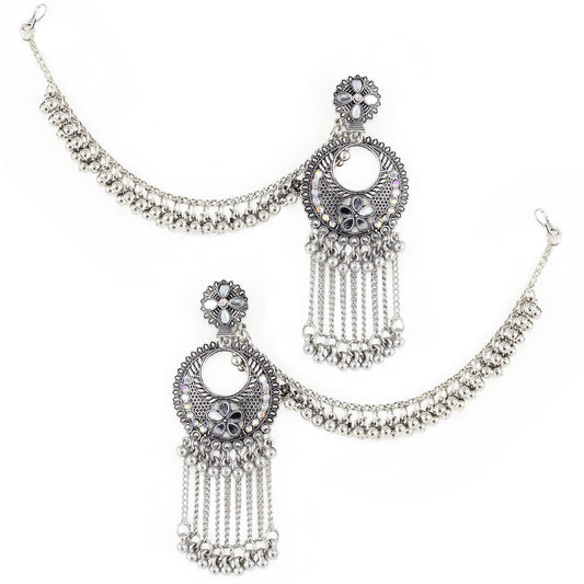 Silver Oxidised Jhumka Earring with Chain for Women