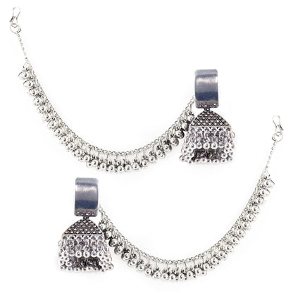 Silver Oxidised Jhumka Earring with Chain for Women