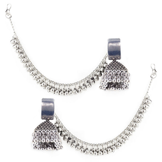 Silver Oxidised Jhumka Earring with Chain for Women