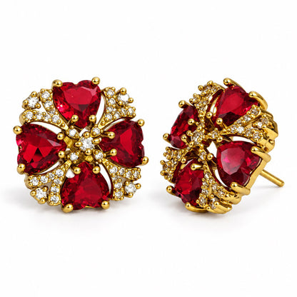 South Indian Gold Plated Red AD Floral Stud Earrings for Women
