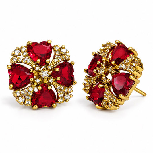 South Indian Gold Plated Red AD Floral Stud Earrings for Women