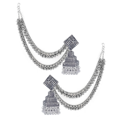 Silver Oxidised Jhumka Earring with Double Layer Ear Chain