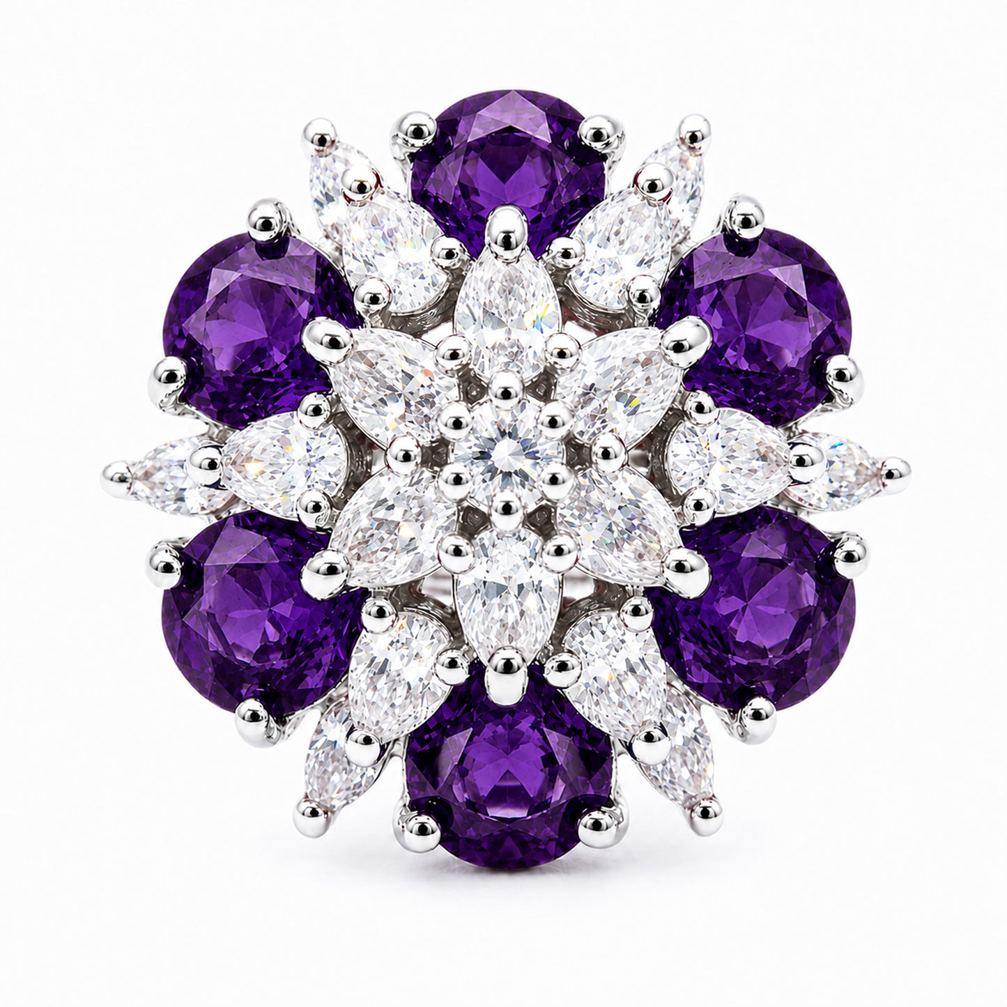 Rhodium Plated Purple AD Floral Finger Ring for Women
