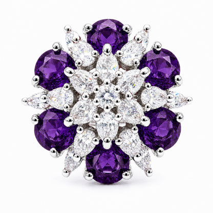 Rhodium Plated Purple AD Floral Finger Ring for Women
