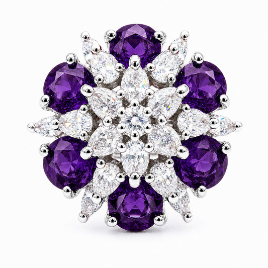 Rhodium Plated Purple AD Floral Finger Ring for Women