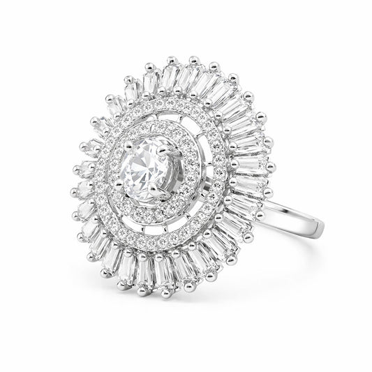 Silver Plated AD Round Adjustable Finger Ring for Women