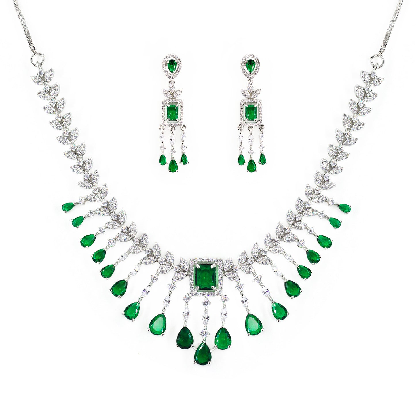 Silver Plated Green AD Studded Jewellery Set