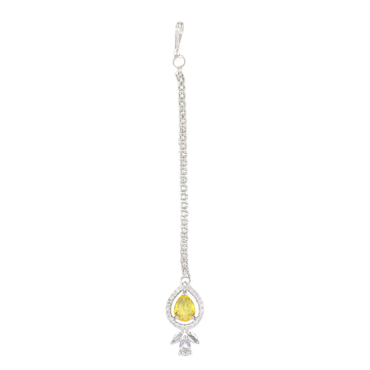 Silver Plated Yellow AD Maang Tikka for Women