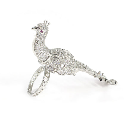 Silver Plated Peacock AD Adjustable Finger Ring for Women