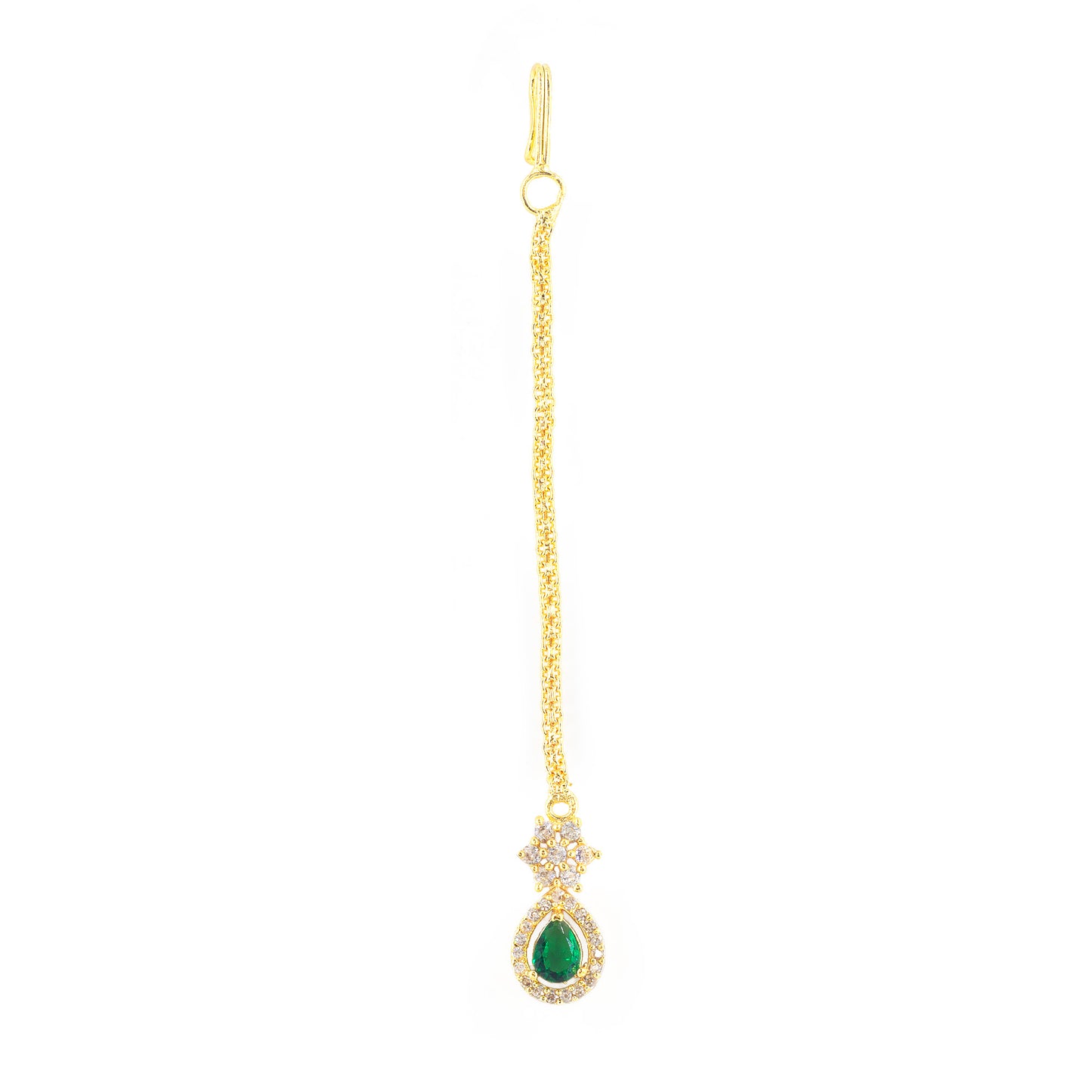 Gold Plated Green AD Teardrop Maang Tikka for Women