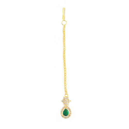 Gold Plated Green AD Teardrop Maang Tikka for Women
