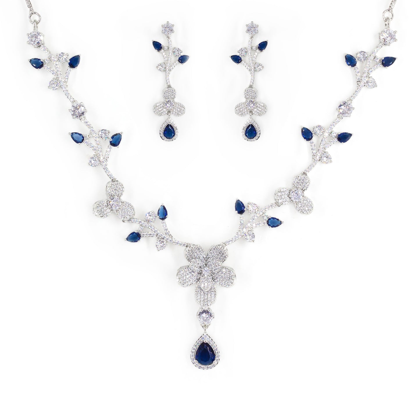 Silver Plated Blue & White American Diamond Designer Jewellery Set