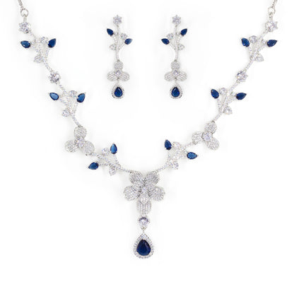 Silver Plated Blue & White American Diamond Designer Jewellery Set