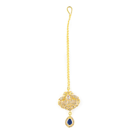 Gold Plated Blue AD Peacock Maang Tikka for Women