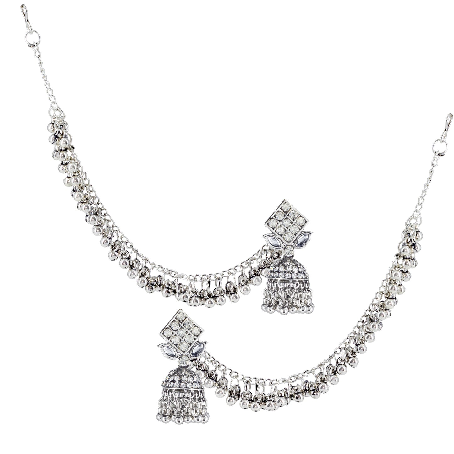 Silver Oxidised Artificial Stone Earrings with Ear Chain for Women